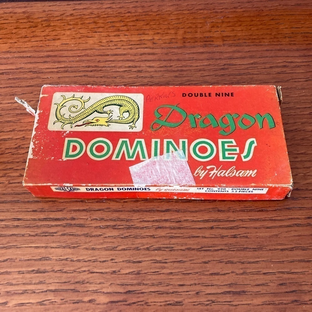 Vintage Halsam Double Nine Wooden Dragon Dominoes #920 Game 55 Pieces 9 Wood CIB